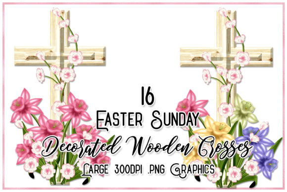 Easter Sunday Wood Crosses with Flowers Illustrations
